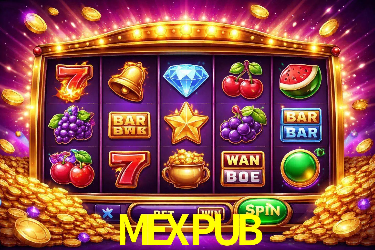 Una interfaz colorida de tragamonedas en línea con símbolos brillantes, monedas y un efecto de victoria celebratoria en MEXPUB.